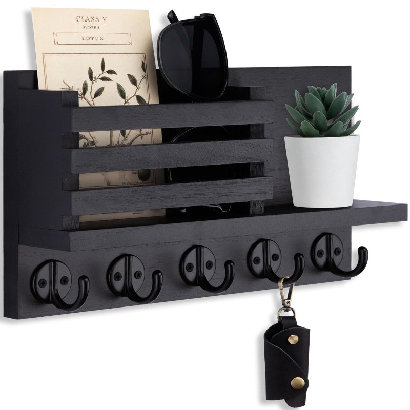 Lwenki Key Holder for Wall â€“ Decorative Wooden Mail Holder and Key Shelf with Mounting Hardware, Installation Guide â€“ Paulownia Wood with 5 Metal Key Hooks (11.8â€ x 6.7â€ x 2.8â€) - Image 1