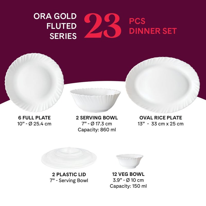 LARAH BY BOROSIL Larah by Borosil Ora Gold Fluted Series Opalware Dinner Set | 23 Pieces for Family of 6 | Microwave & Dishwasher Safe | Bone-Ash Free | Crockery Set for Dining & Gifting | Plates & Bowls | White - Image 2