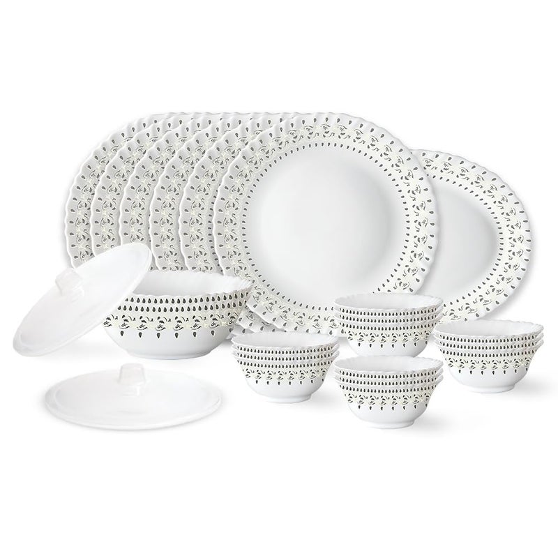 LARAH BY BOROSIL Larah by Borosil Ora Gold Fluted Series Opalware Dinner Set | 23 Pieces for Family of 6 | Microwave & Dishwasher Safe | Bone-Ash Free | Crockery Set for Dining & Gifting | Plates & Bowls | White - Image 1