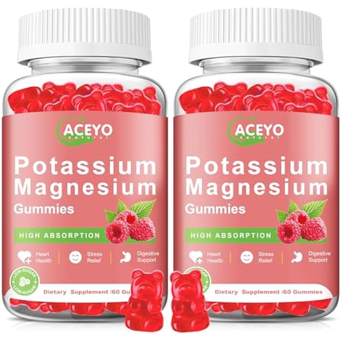 ACEYO 2 Pack Potassium Magnesium Gummies for Adult Kids High Absorption Leg Cramps & Muscle & Heart Health Immune Health Raspberry Magnesium Gummies Chewable Gummy Supplement Vegan Non-GMO - Image 1