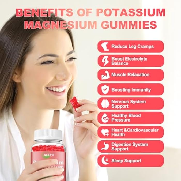 ACEYO 2 Pack Potassium Magnesium Gummies for Adult Kids High Absorption Leg Cramps & Muscle & Heart Health Immune Health Raspberry Magnesium Gummies Chewable Gummy Supplement Vegan Non-GMO - Image 2