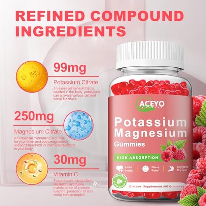 ACEYO 2 Pack Potassium Magnesium Gummies for Adult Kids High Absorption Leg Cramps & Muscle & Heart Health Immune Health Raspberry Magnesium Gummies Chewable Gummy Supplement Vegan Non-GMO - Image 3