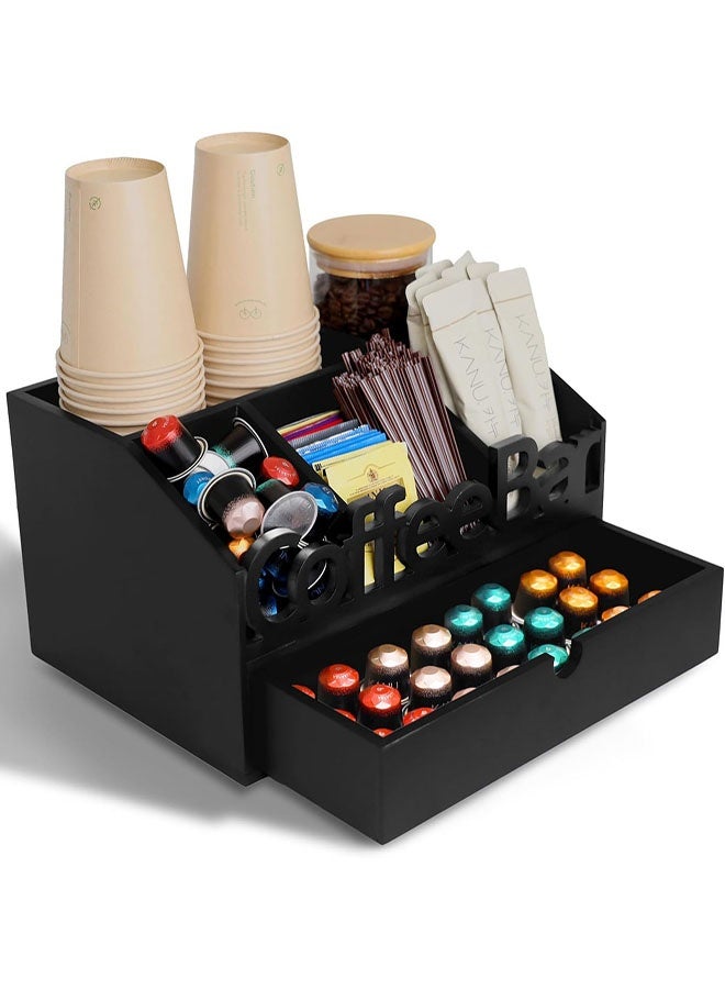 منظم محطة القهوة، منظم بار القهوة للطاولة، محطة قهوة خشبية مع درج، رف تخزين الشاي وكوب كيوب، حامل كبسولات القهوة لتنظيم المنزل والمكتب، أسود - Image 1