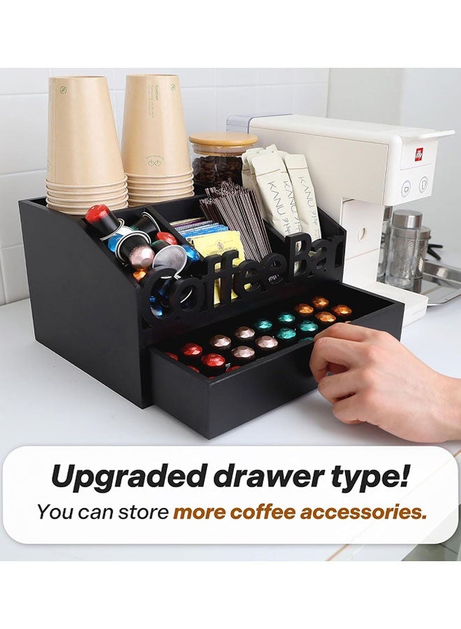 منظم محطة القهوة، منظم بار القهوة للطاولة، محطة قهوة خشبية مع درج، رف تخزين الشاي وكوب كيوب، حامل كبسولات القهوة لتنظيم المنزل والمكتب، أسود - Image 2