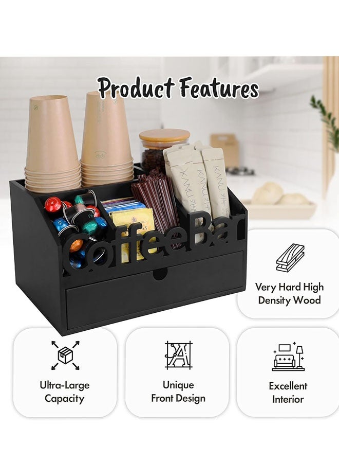 منظم محطة القهوة، منظم بار القهوة للطاولة، محطة قهوة خشبية مع درج، رف تخزين الشاي وكوب كيوب، حامل كبسولات القهوة لتنظيم المنزل والمكتب، أسود - Image 3