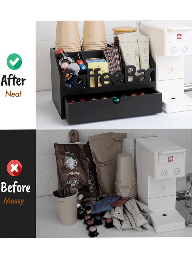 منظم محطة القهوة، منظم بار القهوة للطاولة، محطة قهوة خشبية مع درج، رف تخزين الشاي وكوب كيوب، حامل كبسولات القهوة لتنظيم المنزل والمكتب، أسود - Image 5