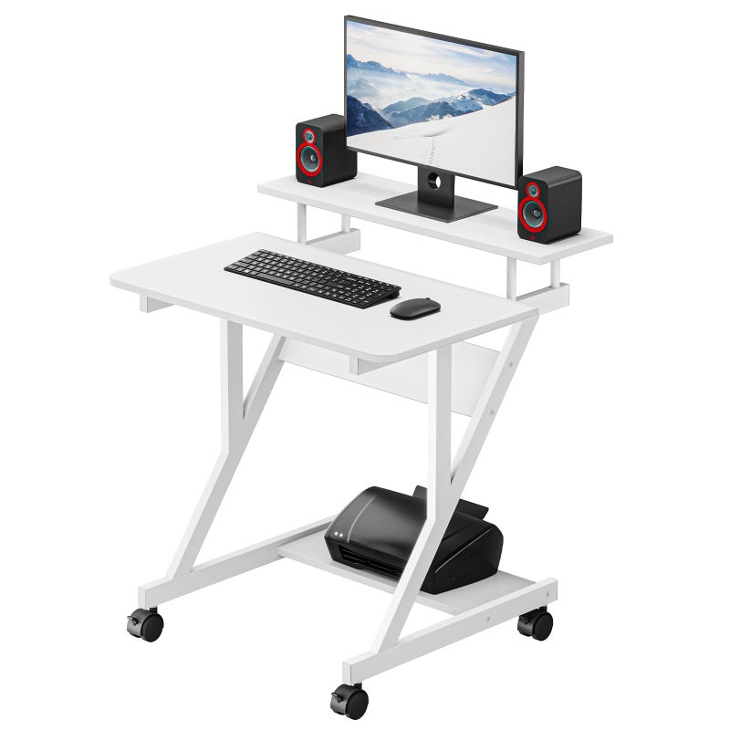 Dripex Computer Desk for Small Spaces, 27.5 inch Small Computer Desk, 3 Tier Compact Desk with Monitor Shelf and Bottom Storage Shelves, Space Saving Desk, White - Image 1