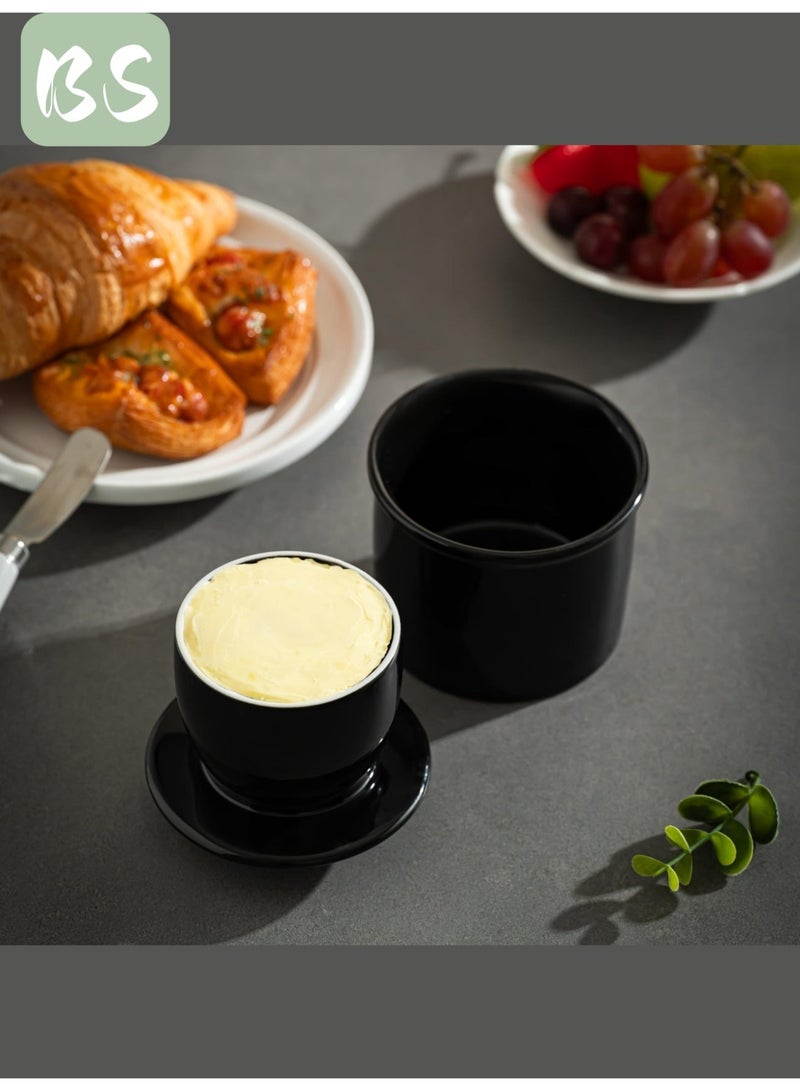 بي إس وعاء زبدة سيراميكي بغطاء | تصميم كلاسيكي لامع على شكل جرس | مادة سيراميكية عالية الجودة للسلامة والمتانة | تقنية مقاومة للماء تحافظ على الزبدة طازجة وقابلة للدهن | سهل الاستخدام مع جميع أنواع الزبدة | سهل التنظيف والصيانة | أسود - Image 5