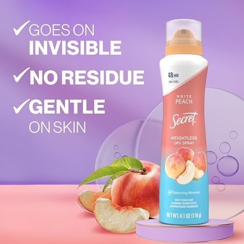Secret Dry Spray Antiperspirant Deodorant for Women 48hr Weightless Sweat Odor Protection Gentle on Skin White Peach Scent 41 oz Pack of 3 - Image 3