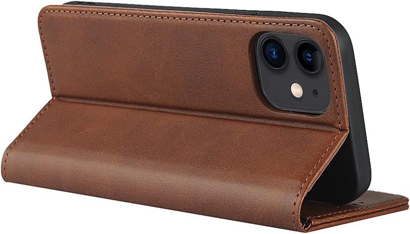 آي كوفر كايس حافظة لهاتف iPhone 12 mini مع حامل بطاقات، من الجلد PU مع خاصية الحامل المغناطيسي، مقاومة للصدمات، غطاء قابل للطي - بني داكن - Image 3