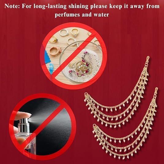MEENAZ Brass copper Gold kanchain 3 layer long bridal wedding ear kan chain Champaswaralu earchains Ear Chains for Hair Jhumka Jhumki kanoti moti pearl Traditional Earrings for women girls Golden-M020 - Image 5