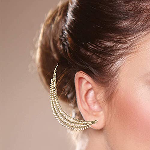 MEENAZ Brass copper Gold kanchain 3 layer long bridal wedding ear kan chain Champaswaralu earchains Ear Chains for Hair Jhumka Jhumki kanoti moti pearl Traditional Earrings for women girls Golden-M020 - Image 3