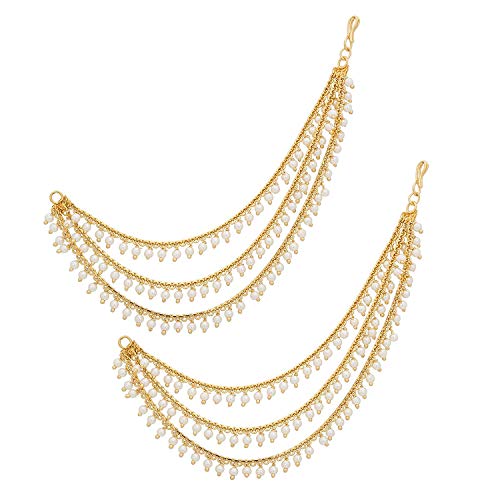 MEENAZ Brass copper Gold kanchain 3 layer long bridal wedding ear kan chain Champaswaralu earchains Ear Chains for Hair Jhumka Jhumki kanoti moti pearl Traditional Earrings for women girls Golden-M020 - Image 1