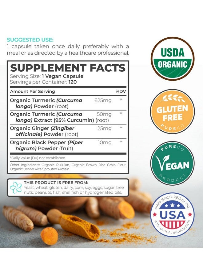 PURE CO USDA Organic Turmeric Curcumin with Black Pepper and Ginger (4 Month Supply) Joint Support Supplement with Tumeric and Ginger Root Powder - Organic Turmeric Supplement - 120 Vegan Capsules (No Pills) - Image 1