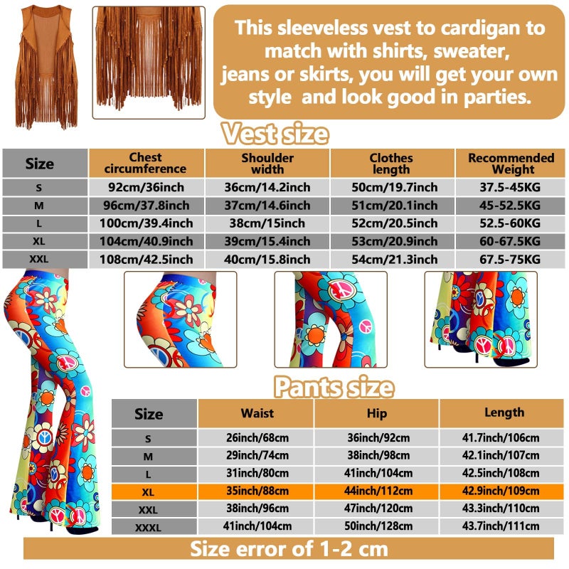 Haull 7 Pcs 60s 70s Disco Hippie Outfits for Women Halloween Costume Set Boho Flared Pants Fringe Vest Peace Sign(Rustic,X-Large) - Image 3