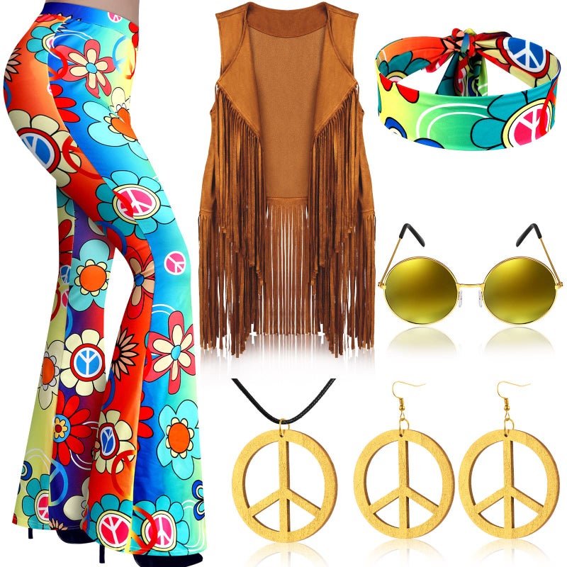 Haull 7 Pcs 60s 70s Disco Hippie Outfits for Women Halloween Costume Set Boho Flared Pants Fringe Vest Peace Sign(Rustic,X-Large) - Image 1