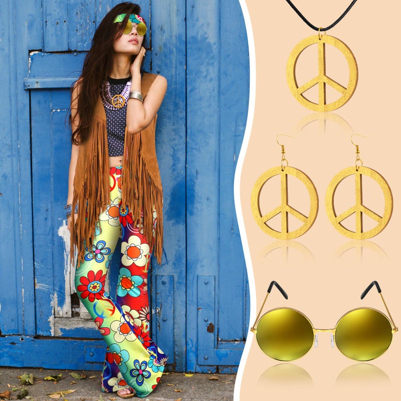 Haull 7 Pcs 60s 70s Disco Hippie Outfits for Women Halloween Costume Set Boho Flared Pants Fringe Vest Peace Sign(Rustic,X-Large) - Image 4
