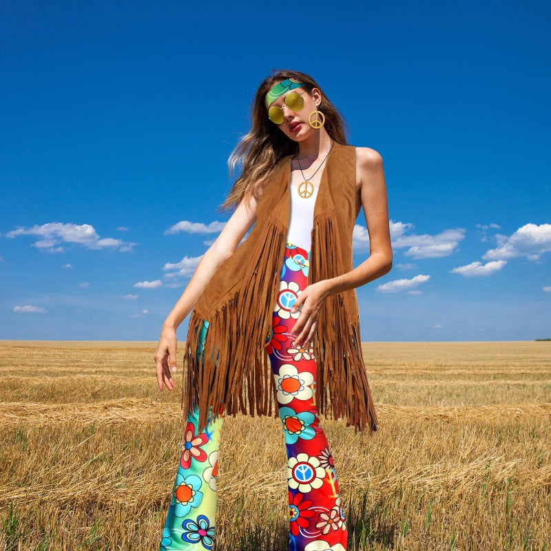 Haull 7 Pcs 60s 70s Disco Hippie Outfits for Women Halloween Costume Set Boho Flared Pants Fringe Vest Peace Sign(Rustic,X-Large) - Image 5