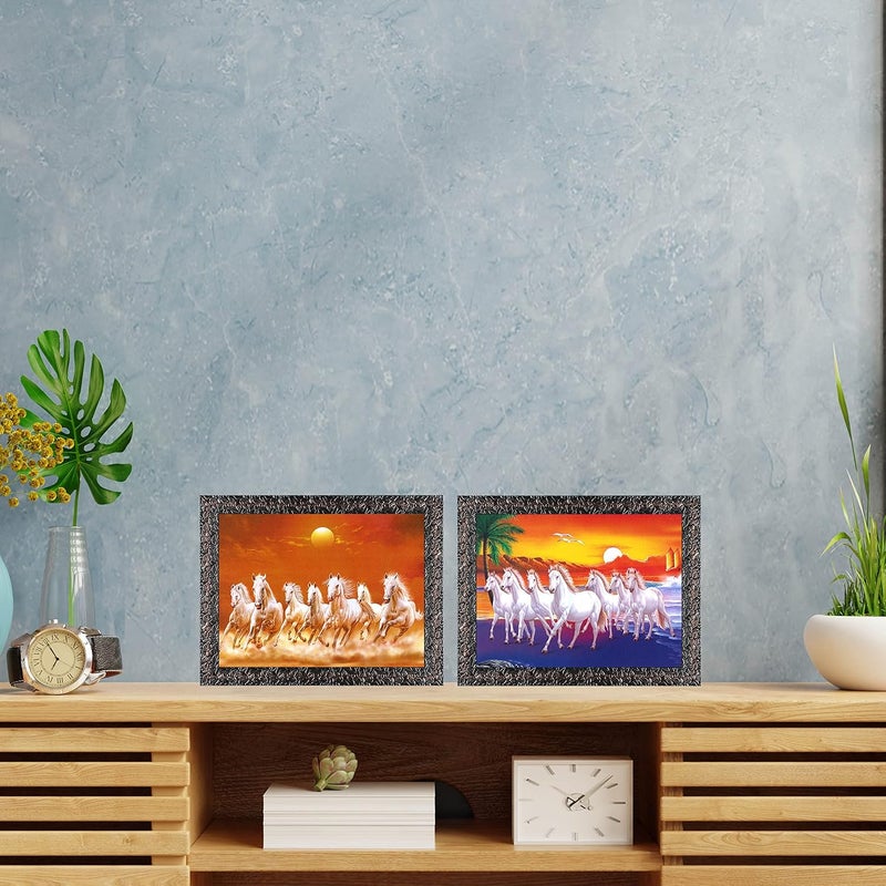 Indianara Indianara Combo Set of 2 Vastu Seven Running Horses with Sunrise Framed wall Painting with Table Top 5055TTGBN 8 ix 6 inch WITH FRAME GLASS