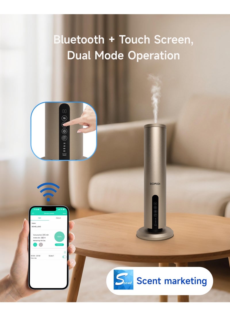 Waterless Aromatherapy Diffuser with 120ML Sandalwood Essential Oil – Smart Bluetooth & Touch Screen Scent Machine for Home, Office & Commercial Use (Venturi Tech, 100m² Coverage), BOMIDI AD02 Gold