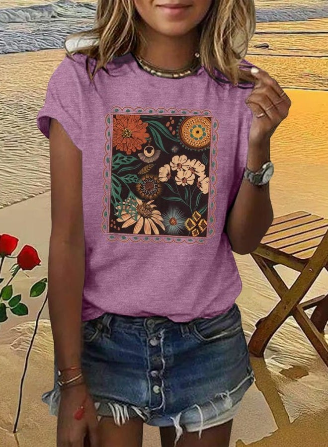 GEMLON Womens Floral Shirts Casual Wildflower Graphic Tees Short Sleeve Shirts Summer Tops - Image 2