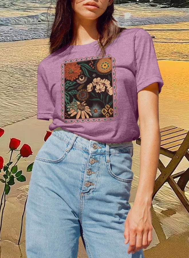 GEMLON Womens Floral Shirts Casual Wildflower Graphic Tees Short Sleeve Shirts Summer Tops - Image 3