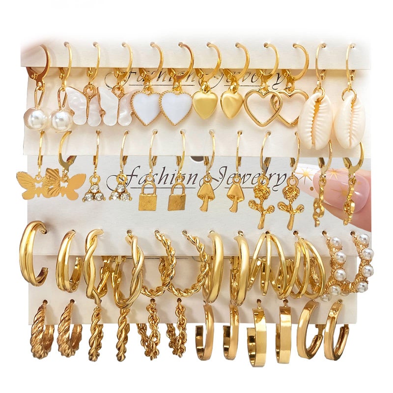 IFKM 24 Pairs Gold Hoop Earrings Set For Women Hypoallergenic Chunky Chain Twisted Open Hoops Dangle Earring Packs For Birthday Party Christmas Fashion Jewelry Gift - Image 1