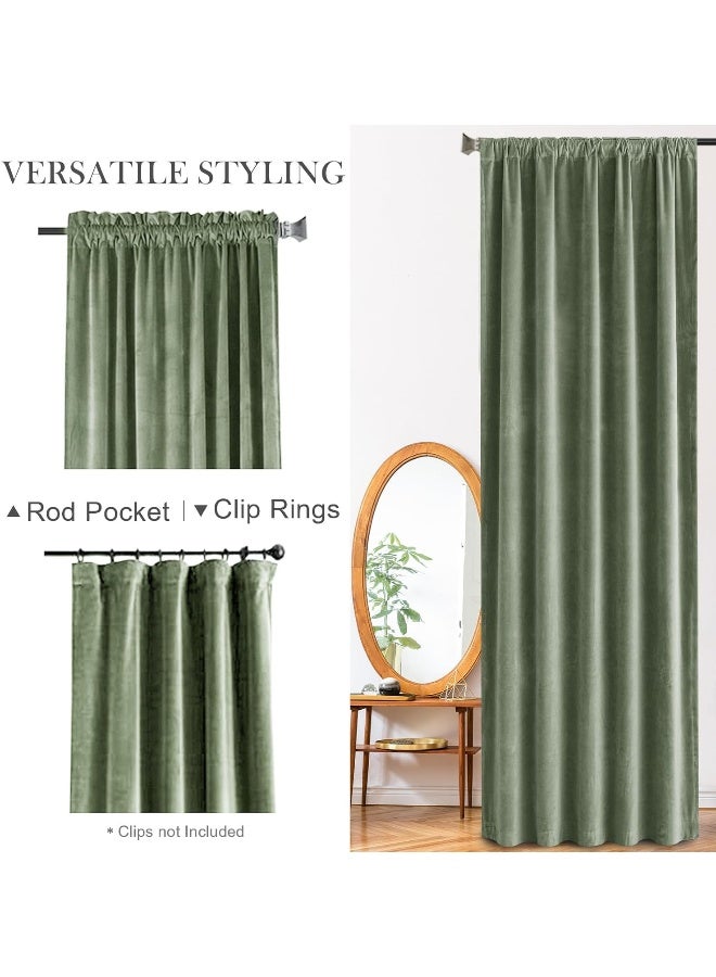 Lazzzy Blackout Velvet Curtains Green 84 inch Thermal Insulated Drapes for Dinning Room Darkening Window Treatment Rod Pocket Home Decor Living Room Set of 2 Panels Sage Green - Image 3