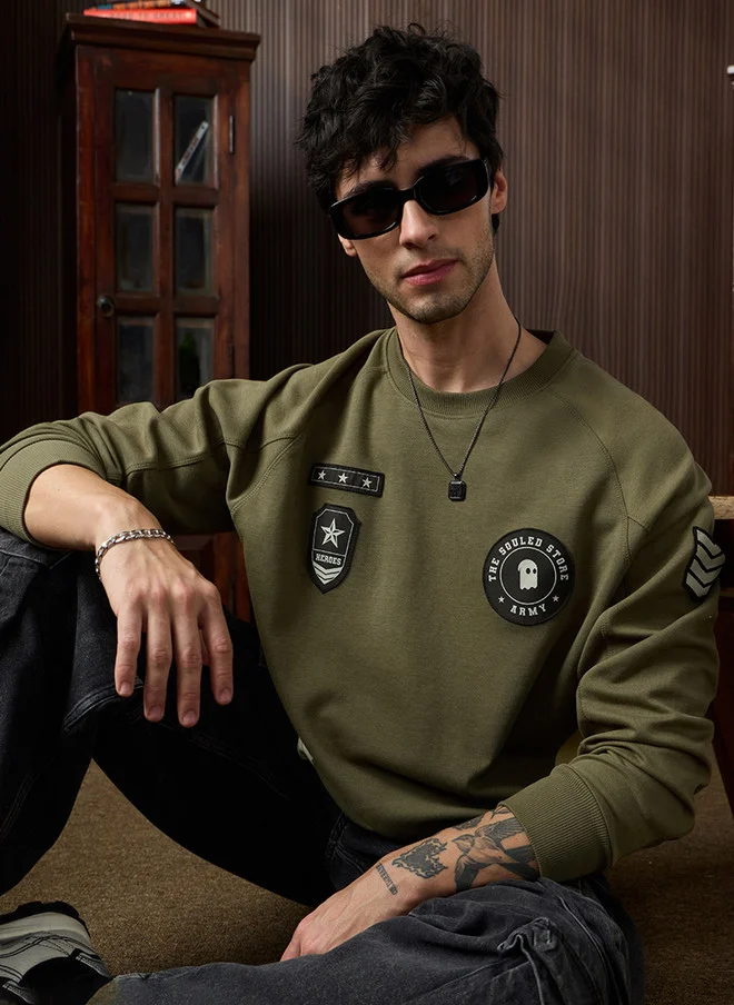 The Souled Store Men Olive Green Typography Printed Sweatshirt