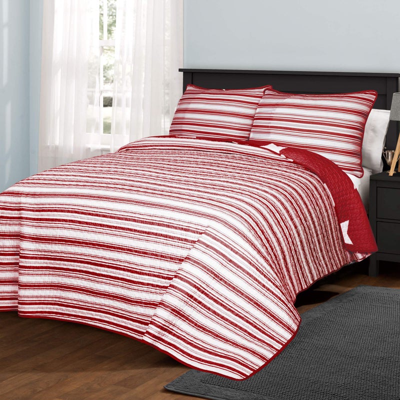 Lush Decor Star Quilt - Reversible 2 Piece Pattern Striped Bedding Set with Pillow Sham - Twin - Red - Image 4