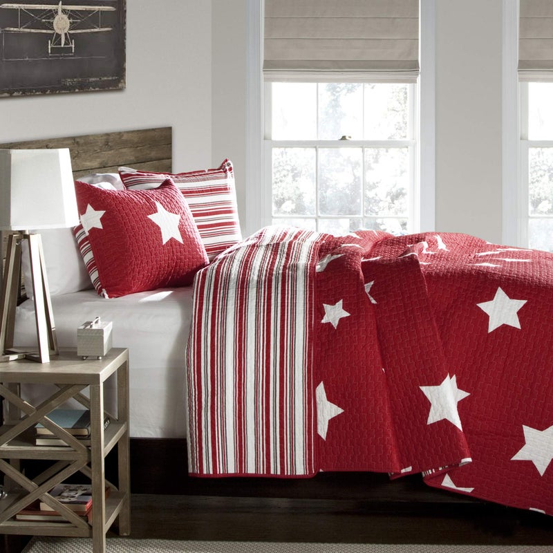 Lush Decor Star Quilt - Reversible 2 Piece Pattern Striped Bedding Set with Pillow Sham - Twin - Red - Image 1