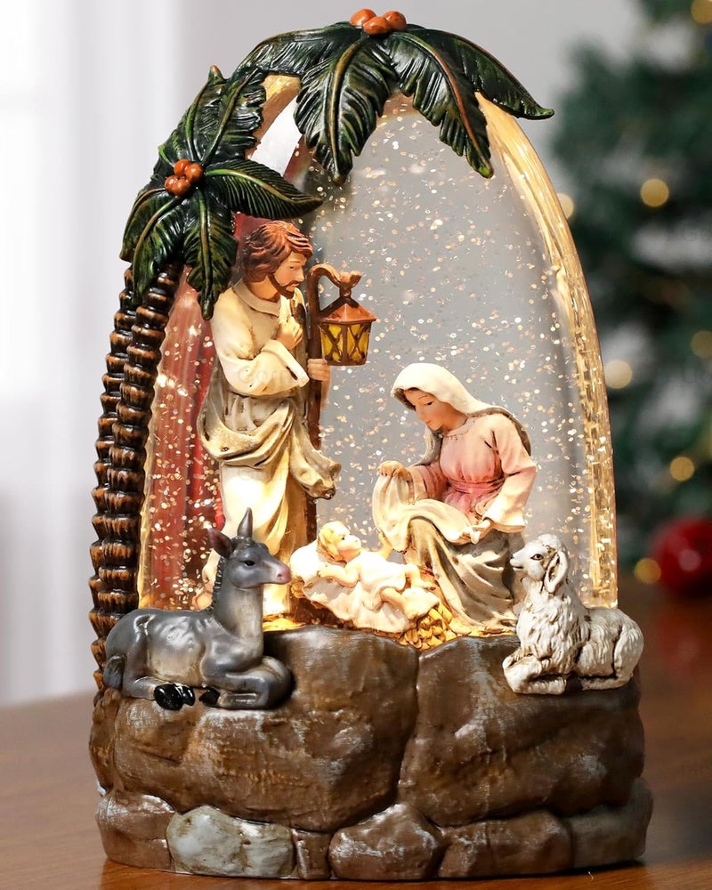 Gorrzai Nativity Snow Globe Lantern, Lighted Decorations Indoor with Music Timer Swirling Glitter, Light Up Musical Snowglobe Home Decor, USB or Battery Operated - Image 1