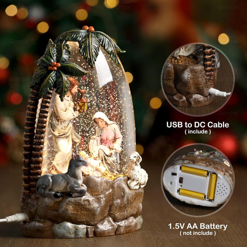 Gorrzai Nativity Snow Globe Lantern, Lighted Decorations Indoor with Music Timer Swirling Glitter, Light Up Musical Snowglobe Home Decor, USB or Battery Operated - Image 3