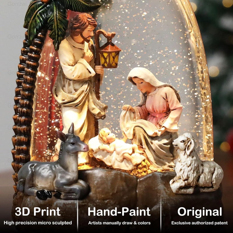 Gorrzai Nativity Snow Globe Lantern, Lighted Decorations Indoor with Music Timer Swirling Glitter, Light Up Musical Snowglobe Home Decor, USB or Battery Operated - Image 2