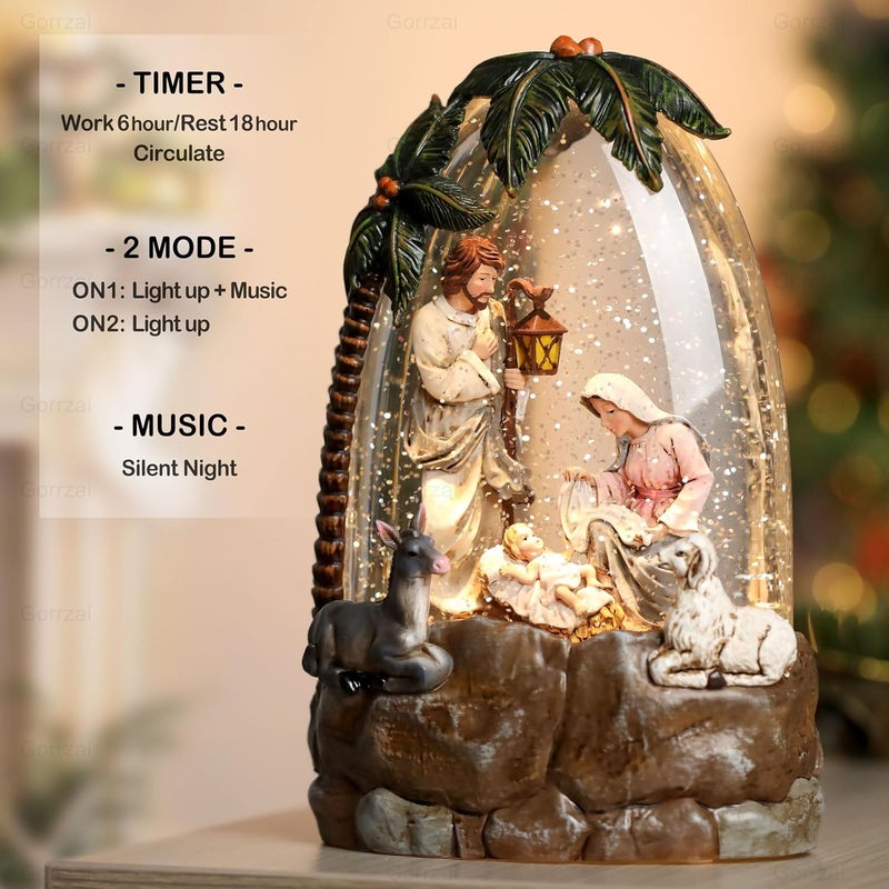 Gorrzai Nativity Snow Globe Lantern, Lighted Decorations Indoor with Music Timer Swirling Glitter, Light Up Musical Snowglobe Home Decor, USB or Battery Operated - Image 4