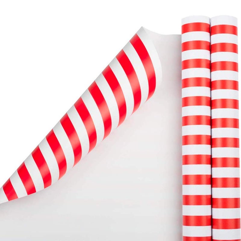 JAM Paper Gift Wrap  Striped Wrapping Paper  50 Sq Ft Total 30 in x 10 Ft Each  Red  White Stripes  2 RollsPack