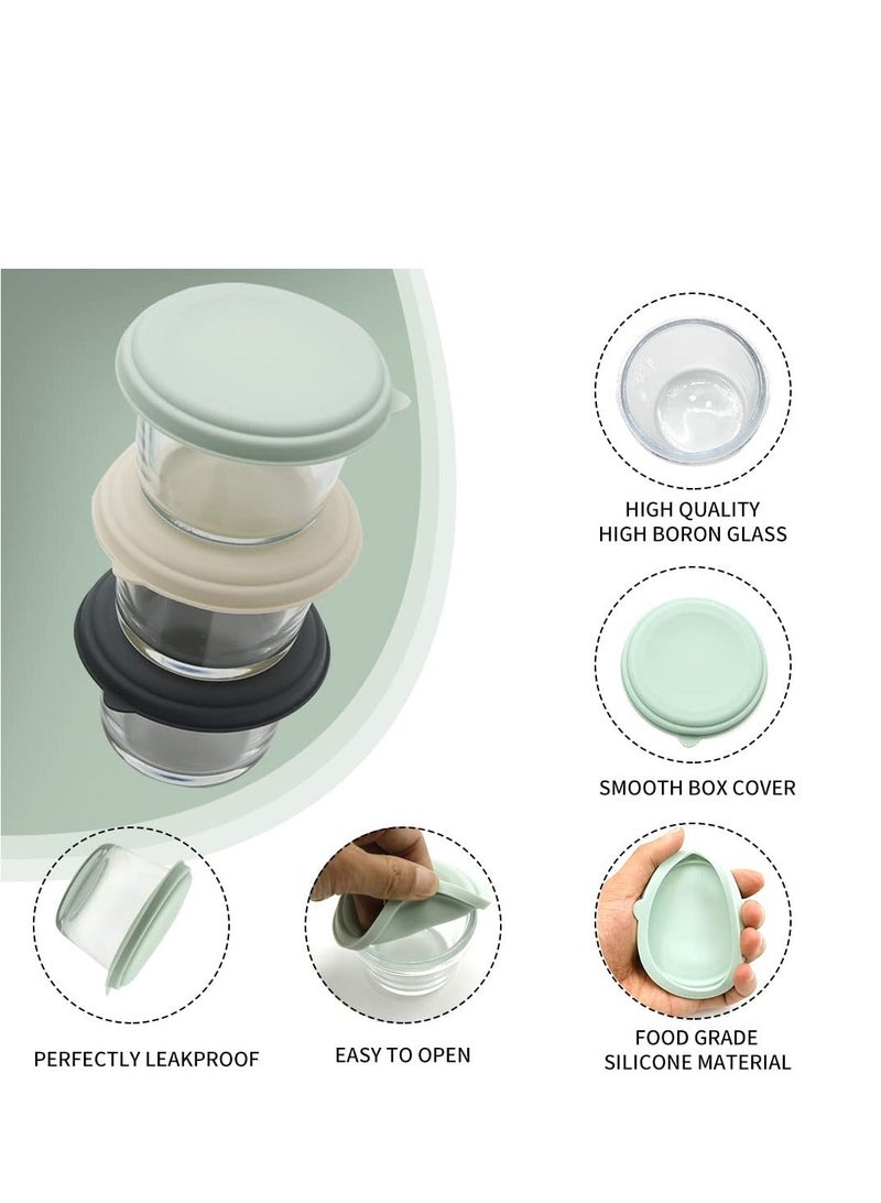 4-Piece 4.5oz Glass Food Storage Containers, Round Salad Dressing Container To Go, Reusable Sauce Cups Leakproof Silicone Lids, BPA-Free(Light Green)