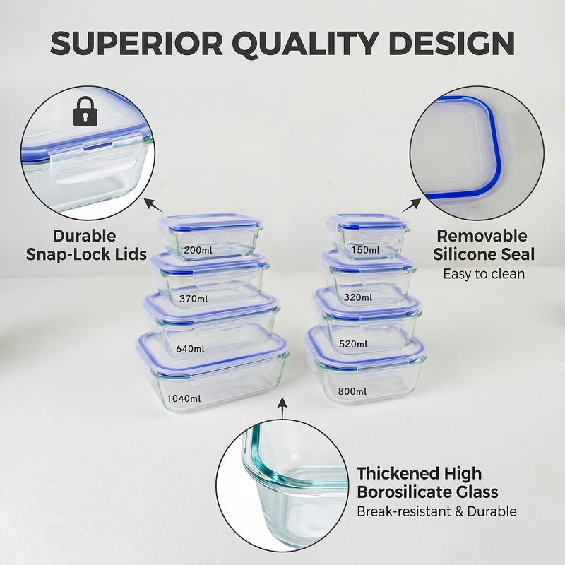 Magic Park 8 Pack Glass Food Storage Containers with Airtight Lids Meal Prep Containers Portion Airtight Glass Bento Boxes for Lunch, for Microwave, Freezer and Dishwasher (8, Blue) - Image 2