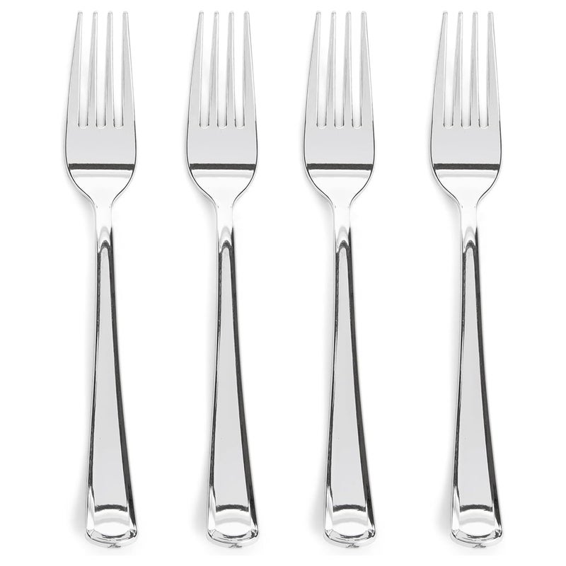 Prestee 300 Count Plastic Forks 7 Inch Heavy Duty Disposable Silverware Bulk Fancy Silver Fork Set for Table Decor Durable Plastic Silverware for Parties Events and Christmas Holidays