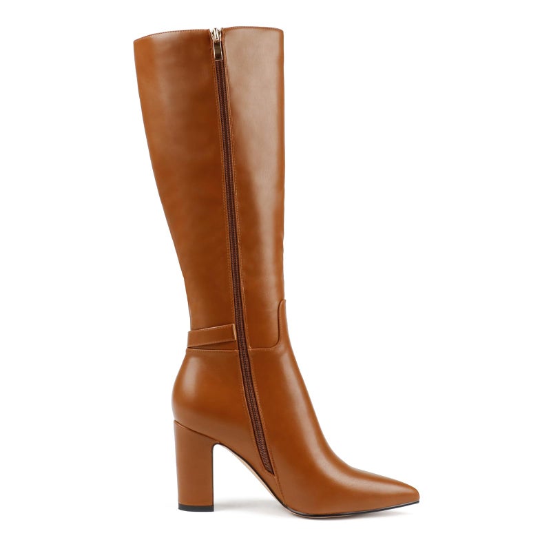 JOY IN LOVE Women's Knee High Boots High Block Heel Pointy Toe Zipper Boots Brown US 8.5 - Image 5