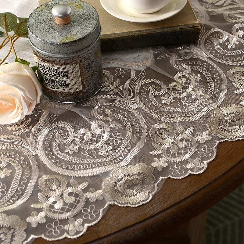 ARTABLE Lace Round Tablecloths with Exquisite Macrame Border Clear Embroidered Kitchen Holidays Fabric Tablecloth (Beige, 70 Inch Round) - Image 4