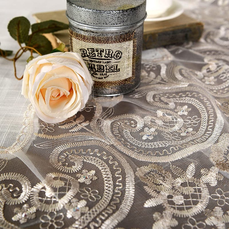 ARTABLE Lace Round Tablecloths with Exquisite Macrame Border Clear Embroidered Kitchen Holidays Fabric Tablecloth (Beige, 70 Inch Round) - Image 5