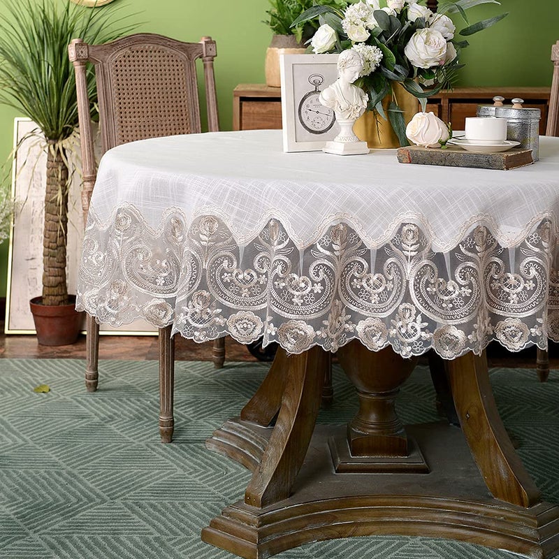 ARTABLE Lace Round Tablecloths with Exquisite Macrame Border Clear Embroidered Kitchen Holidays Fabric Tablecloth (Beige, 70 Inch Round) - Image 2