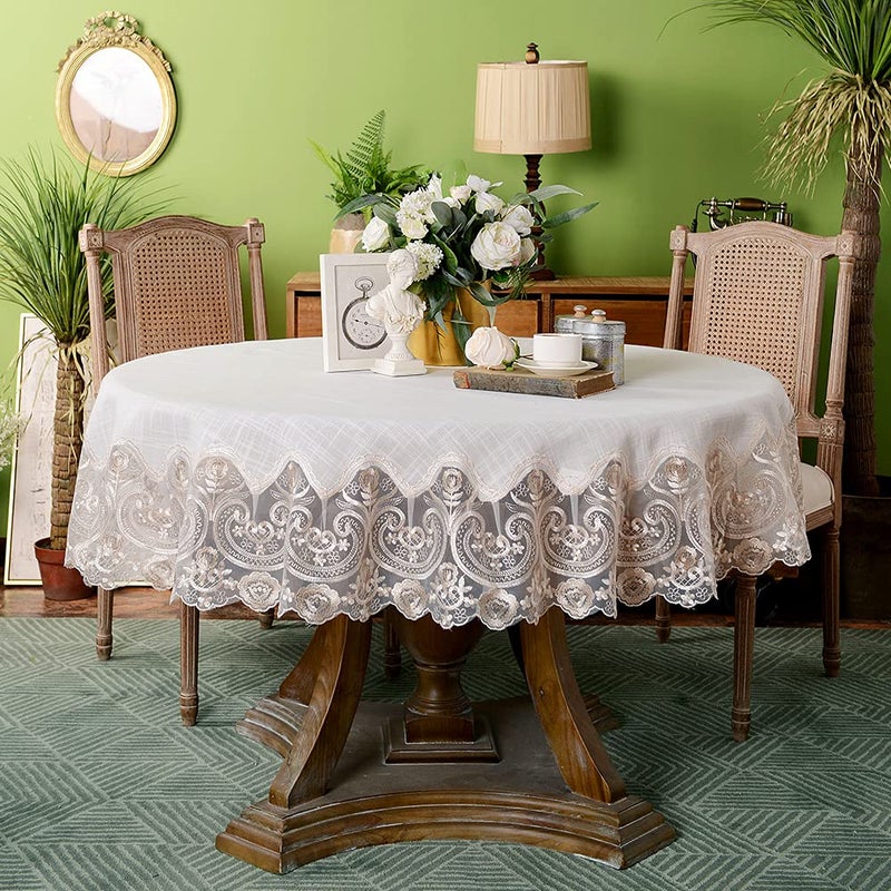 ARTABLE Lace Round Tablecloths with Exquisite Macrame Border Clear Embroidered Kitchen Holidays Fabric Tablecloth (Beige, 70 Inch Round) - Image 1