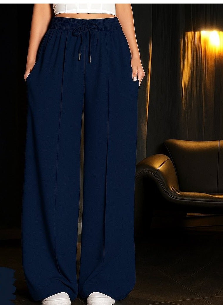 Women's high-waisted sports pants with ties and wide legs with pockets, loose casual yoga pants.