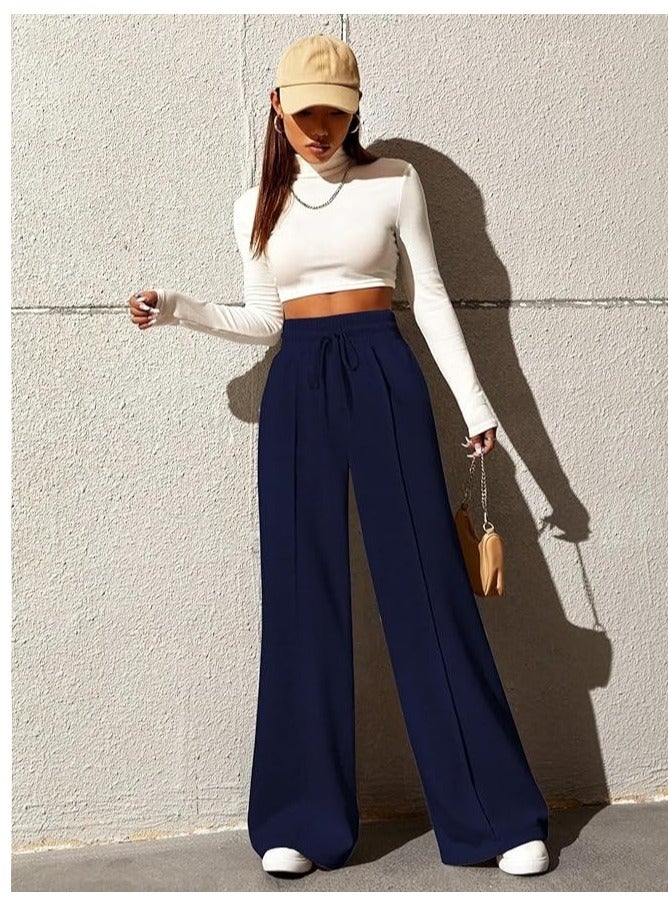 Women's high-waisted sports pants with ties and wide legs with pockets, loose casual yoga pants.