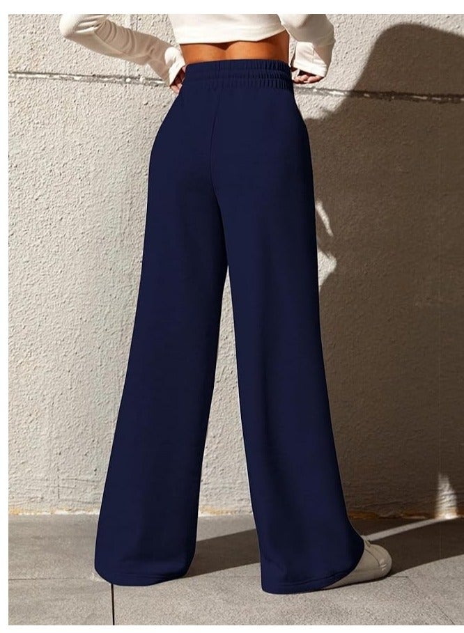 Women's high-waisted sports pants with ties and wide legs with pockets, loose casual yoga pants.