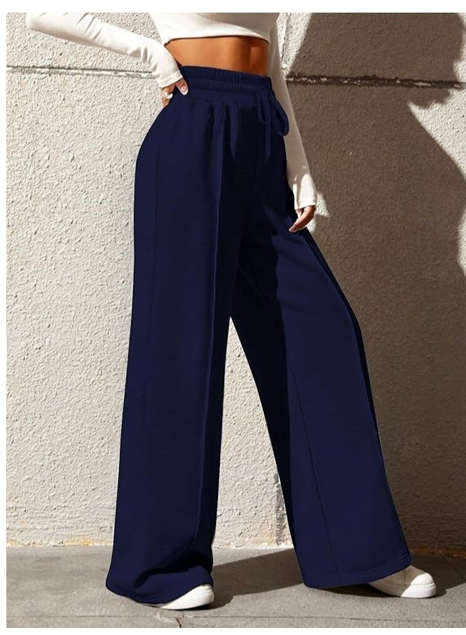 Women's high-waisted sports pants with ties and wide legs with pockets, loose casual yoga pants.