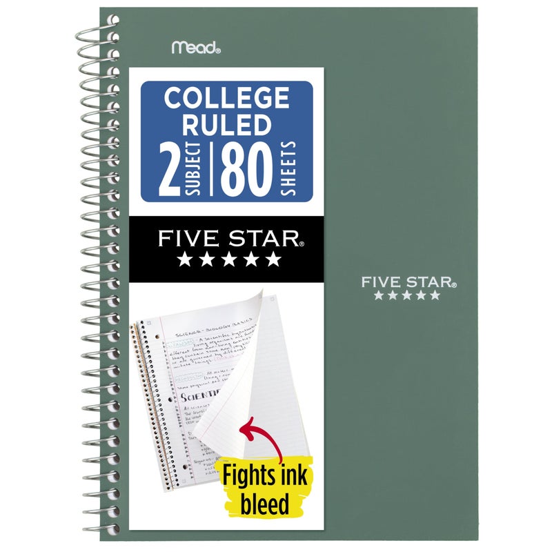 Five Star Spiral Notebook, 2 Subject, College Ruled Paper, 6" x 9-1/2", 80 Sheets, Fights Ink Bleed, Water Resistant Cover, Seaglass Green (840029CH1-ECM) - Image 1