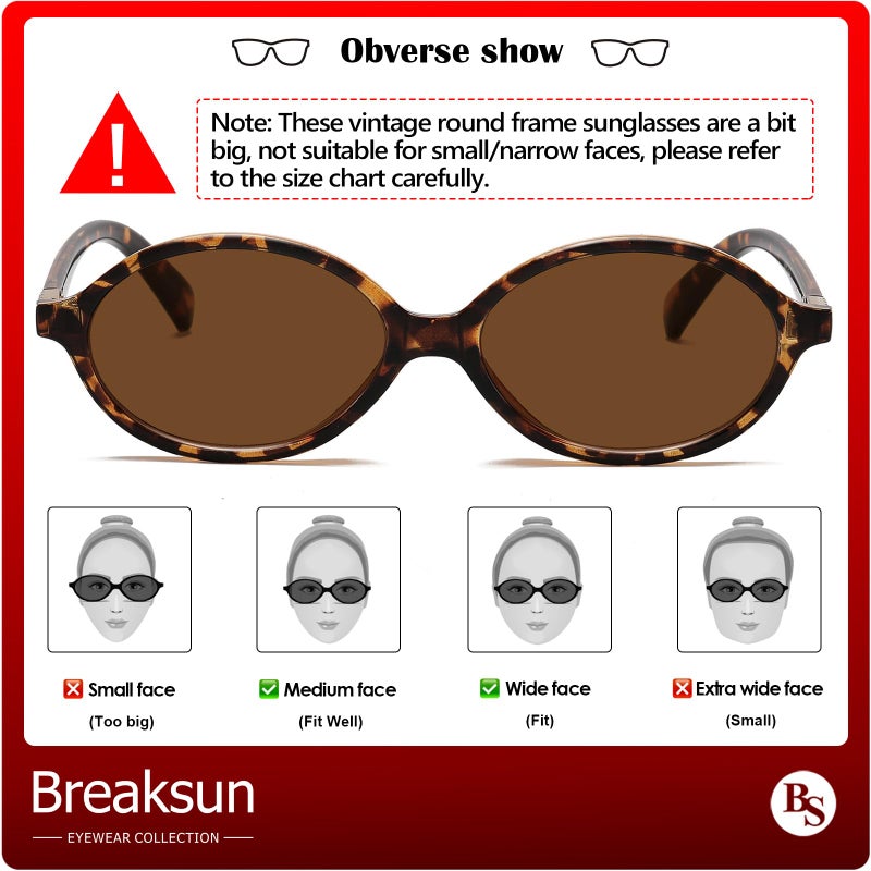 Breaksun Retro Oval Sunglasses for Women Men Trendy Round Sunnies 90s Vintage Style (Tortoise/Brown) - Image 4